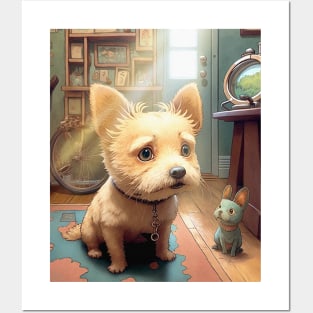 Cute dog with his companion rabbit Posters and Art